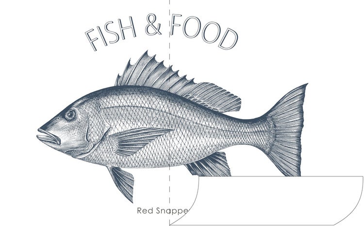 Illustration eines Schnappers mit der Aufschrift Fisch und Essen