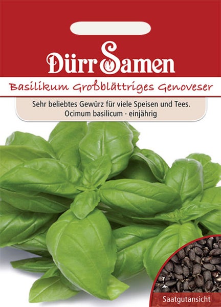 Samenpackung mit Dürr Samen Logo für Basilikum Großblättriges Genoveser mit Abbildung der Blätter und Detailansicht der Samen.