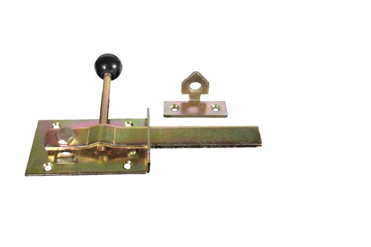 Gelb verzinkter Querriegel aus Stahl mit schwarzem Kugelknopf-Hebel und Schließblech.