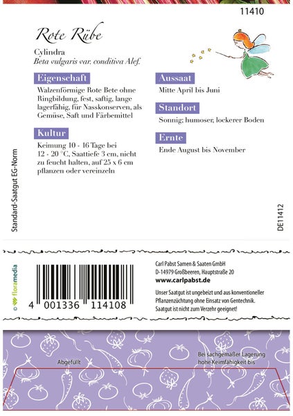 Rückseite der Samenpackung für Rote Rübe Cylindra mit Informationen zu Aussaat, Standort und Ernte. Carl Pabst Samen und Saaten Logo.