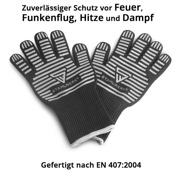 Hitzeschutzhandschuhe mit Stahlwerk Logo, Silikonstreifen für Griffigkeit, Schutz vor Feuer, Funken, Hitze und Dampf nach Norm EN 407:2004.