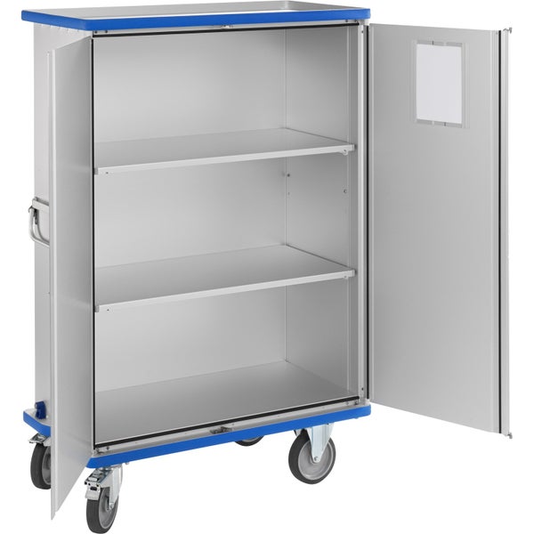 Rollschrank mit zwei Regalböden und geöffneten Türen