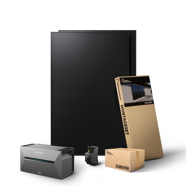 Balkonkraftwerk Komplettset mit zwei schwarzen Solarmodulen, Anker Solix Speicher, Wandmontageset und Zubehörbox.