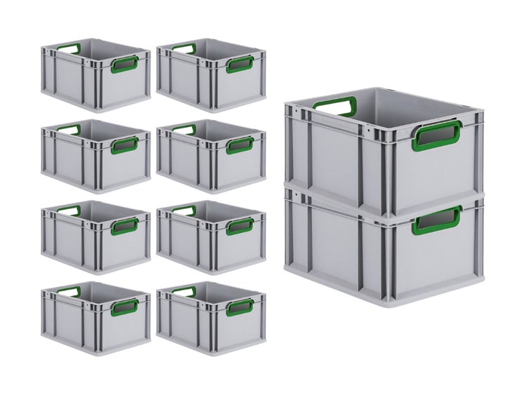 PROREGAL Spar Set 10x Eurobox Nextgen Color HxBxT 22 x 30 x 40 cm 20 Liter Griffe Grün Offen Glatter Boden Eurobehälter Transportbox