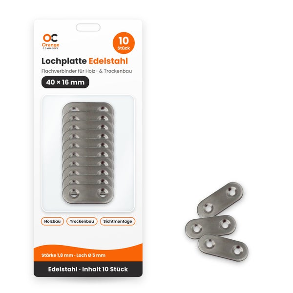 Set mit 10 Lochplatten aus Edelstahl, 40 mal 16 Millimeter, zur Verwendung als Flachverbinder im Holzbau und Trockenbau.