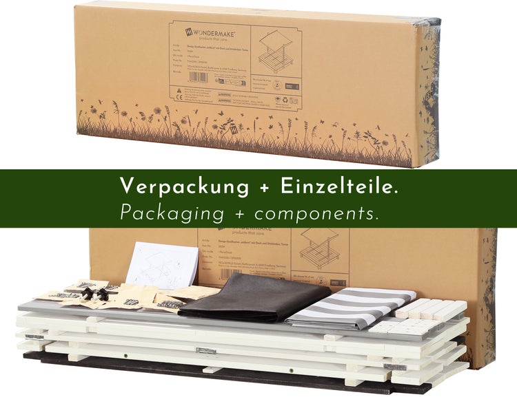 Verpackung und Einzelteile des WONDERMAKE Sandkastens soldoret aus Tannenholz inklusive Holzbrettern, Montagematerial, Stoffen und Aufbauanleitung.