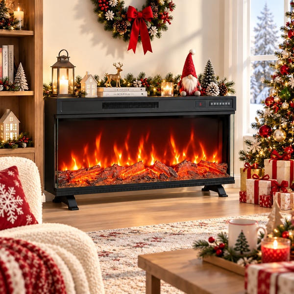 Elektrischer Kamin mit Flammeneffekt in weihnachtlich dekoriertem Wohnzimmer.