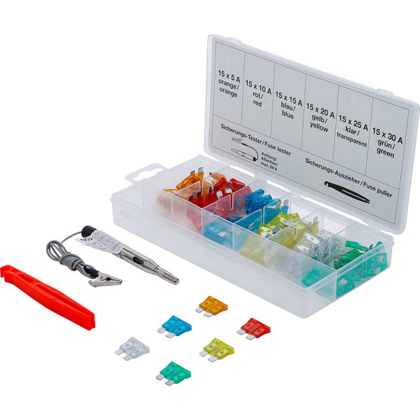 Sortiment von KFZ-Sicherungen mit Prüfgerät und Sicherungszieher in einer transparenten Kunststoffbox