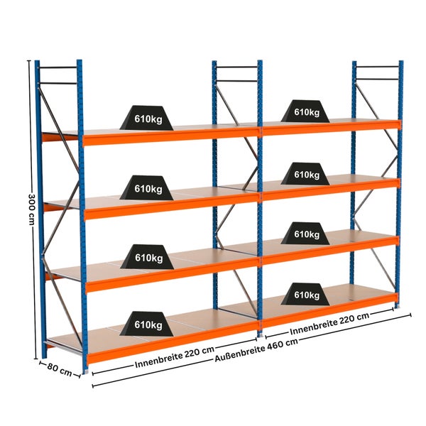 Regal mit vier Ebenen und einer Traglast von 610 Kilogramm pro Ebene