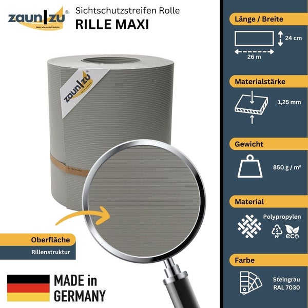 Zaun zu Sichtschutzstreifen Rolle Rille Maxi mit den Maßen 26 Meter mal 24 Zentimeter, Materialstärke 1,25 Millimeter, Gewicht 850 Gramm pro Quadratmeter, Material Polypropylen, Farbe Steingrau RAL 7030