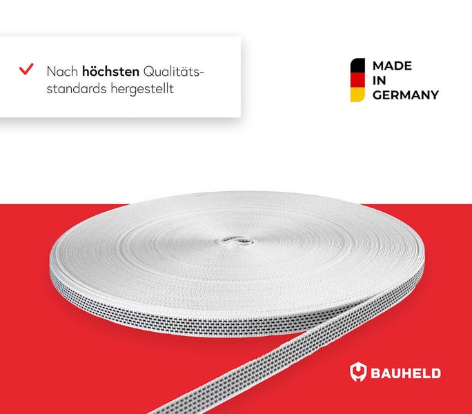 Rolle Gurtband, hergestellt nach höchsten Qualitätsstandards, Made in Germany, Bauheld Logo