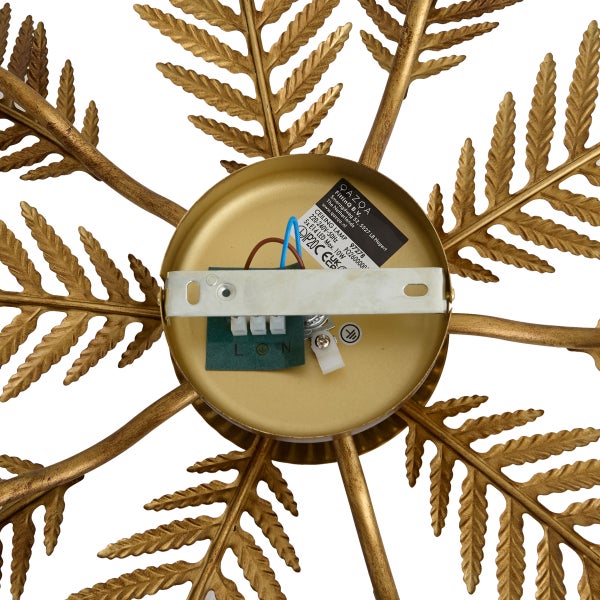 Rückansicht einer goldfarbenen Deckenleuchte aus Metall in Farnblatt-Optik mit Deckenhalterung und elektrischen Anschlüssen.