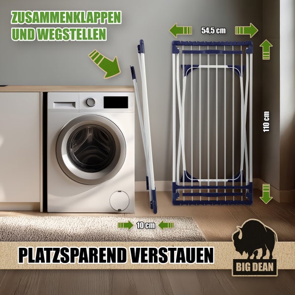 Zusammenklappbarer Wäscheständer mit den Maßen 54,5 cm Breite und 110 cm Höhe neben einer Waschmaschine.