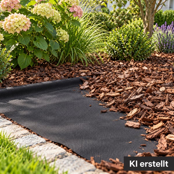 Schwarzes Unkrautvlies im Gartenbett ausgelegt, teilweise mit Rindenmulch bedeckt neben einem Steinweg und blühenden Pflanzen.