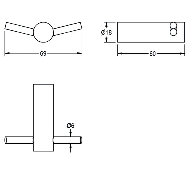 Technische Zeichnung eines Möbelknopfs mit den Maßen 69 Millimeter Breite, 60 Millimeter Tiefe und 18 Millimeter Durchmesser.