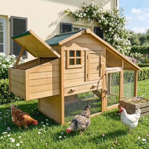Hühnerstall aus Holz mit integriertem Auslauf, Nistkasten mit aufklappbarem Dach und Fenstern auf einer Rasenfläche im Garten mit Hühnern.