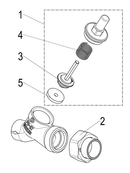 Explosionszeichnung eines Ventiloberteils mit nummerierten Einzelteilen wie Feder, Dichtung und Ventilspindel für eine Armatur.