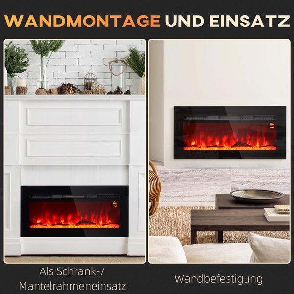 Abbildung zeigt einen Elektrokamin zur Wandmontage und zum Einsetzen in einen Schrank beziehungsweise einen Kaminkorpus.