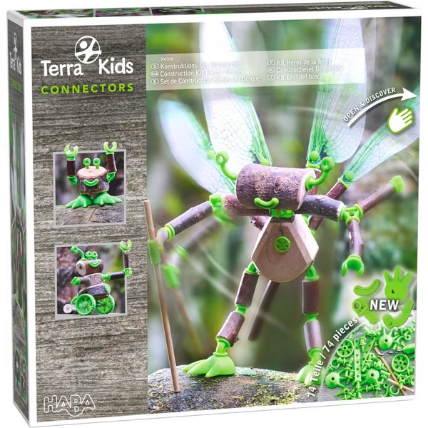 HABA 1306308001 - Terra Kids Connectors Konstruktions-Set Waldhelden, Naturmaterialien-Bauset 1 Handbohrer (Durchmesser 6 mm), 4 Libellenflügel, 2 Rundstäbe, 68 Connectors, 1 Anleitung.