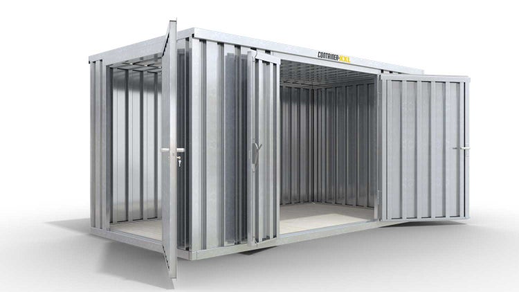 Lagercontainer Gerätehaus XXL  – 12 qm, H2150 x B6080 x T2170 mm, verzinkt, mit Holzfußboden, 1830 mm Doppelflügeltür mittig in Breitseite und 1270 mm Einflügeltür mittig in Stirnseite, zerlegt