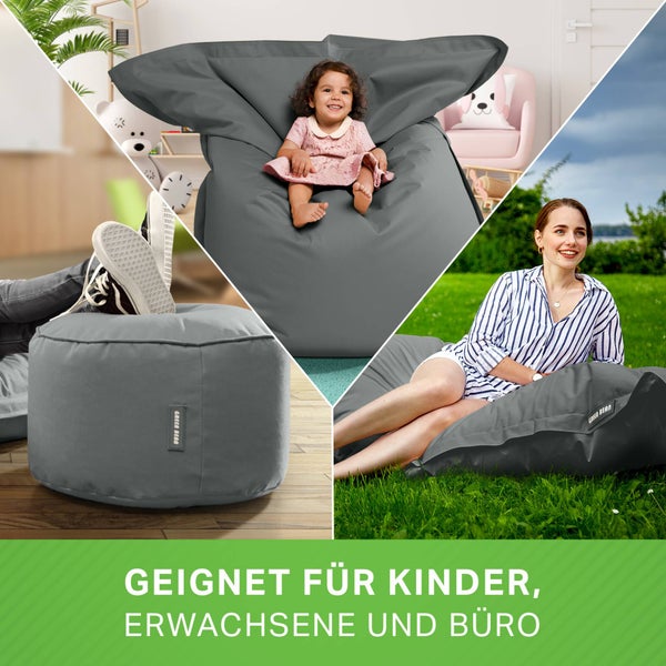 Green Bean 2er Set XXL Sitzsack inkl. Pouf fertig befüllt mit EPS-Perlen - Riesensitzsack 140x180 Lounge Sitz-Kissen Bean-Bag Chair  - Grau