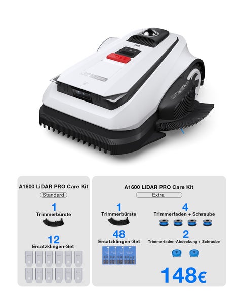 Mähroboter ECOVACS A1600 LiDAR PRO mit Standard-Pflegeset und Extra-Pflegeset inklusive Trimmerbürsten, Ersatzklingen und Trimmerfäden.
