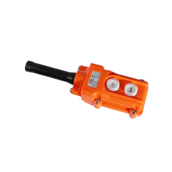 Oranger Hängetaster für Hebezeuge mit zwei weißen Druckknöpfen für Auf und Ab