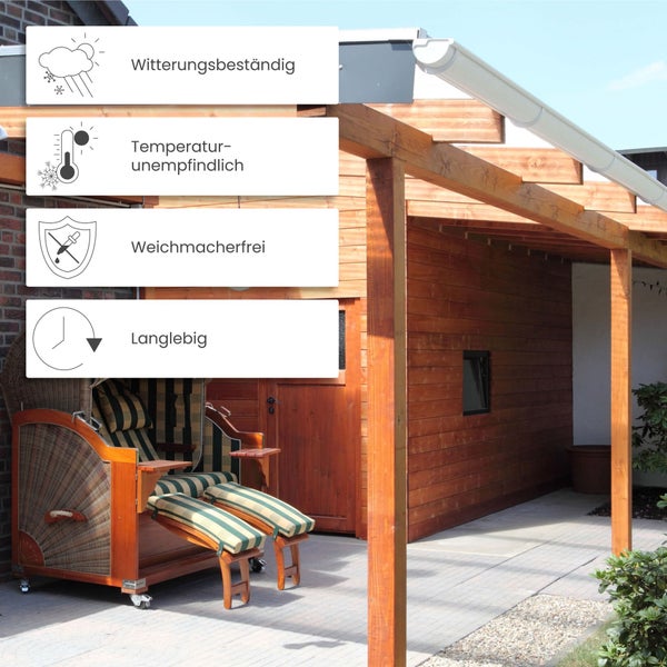 Holzterrasse mit Überdachung und Strandkorb. Merkmale: witterungsbeständig, temperaturunempfindlich, weichmacherfrei und langlebig.