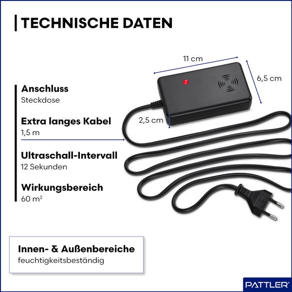 PATTLER ® Marderschreck mit Stecker - für 60m² | Marderschreck für Dachboden, Haus, Garten, Garage | Anschluss an Steckdose | Marderabwehr Dachboden mit Ultraschall