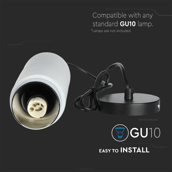 Zylindrische Pendelleuchte mit GU10 Fassung, schwarzem Kabel und schwarzem Baldachin. Kompatibel mit GU10 Leuchtmitteln und einfach zu installieren.