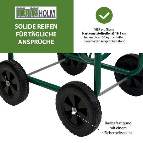 Detailansicht der Hartkunststoffreifen für Bollerwagen mit Sicherheitsplint zur Befestigung von Trutzholm.