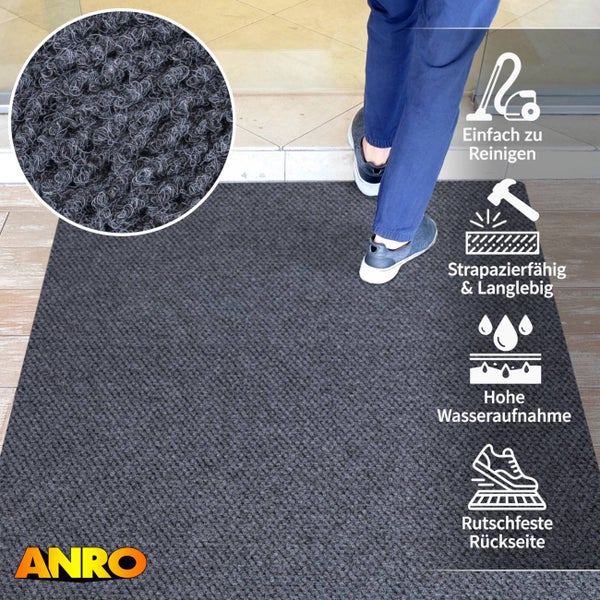 Anro Logo. Schmutzfangmatte. Merkmale: einfache Reinigung, strapazierfähig, hohe Wasseraufnahme und rutschfeste Rückseite.