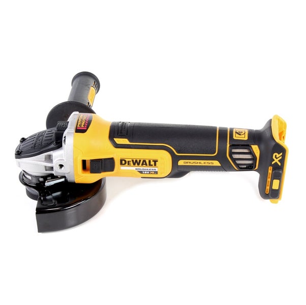DeWalt Akku-Winkelschleifer mit bürstenlosem Motor, 18 Volt XR, mit Schutzhaube und Zusatzhandgriff.