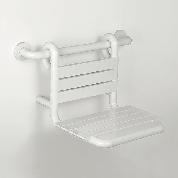 Weißer Duschsitz zum Einhängen an einer Haltestange.