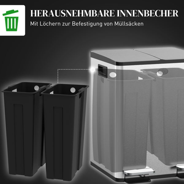 Treteimer mit zwei herausnehmbaren schwarzen Inneneimern aus Kunststoff, mit Löchern zur Befestigung von Müllsäcken.