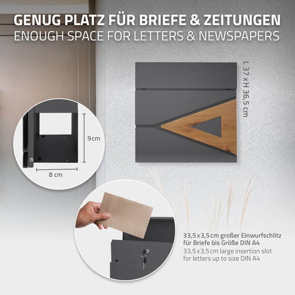 ECD Germany Standbriefkasten mit Zeitungsfach, Design Briefkasten mit Pfosten, Briefkastenanlage, Briefkastenständer 120 cm Anthrazit Edelstahl, Postkasten 37x36,5 cm Anthrazit Natur Eicheoptik Stahl