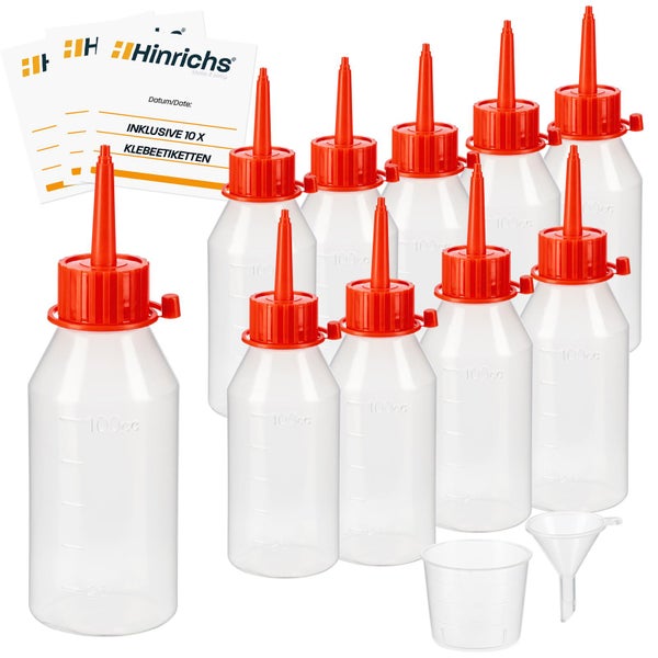 10er-Set transparente Kunststoff-Dosierflaschen, 100 Milliliter, mit roten Spitzen, Trichter, Messbecher und 10 Klebeetiketten von Hinrichs.