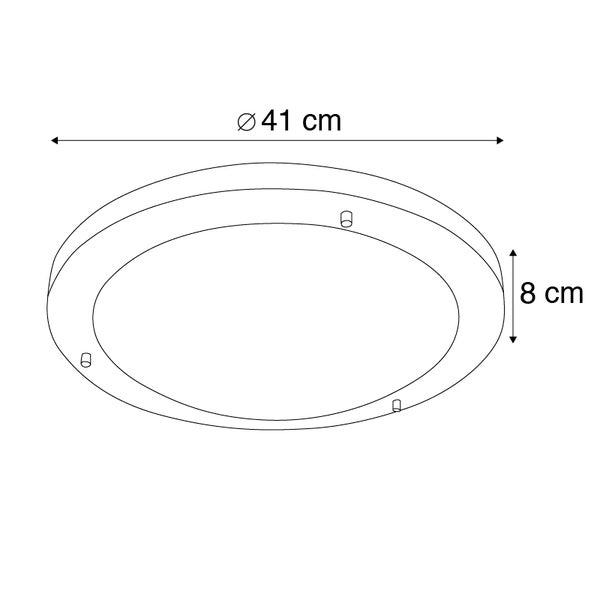 Maßzeichnung einer runden Deckenleuchte, Durchmesser 41 Zentimeter, Höhe 8 Zentimeter.