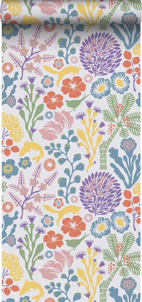 Borastapeter Tapete tropische Blätter und Blüten Lila, Gelb und Blau - 53 cm x 10.05 m - 660795