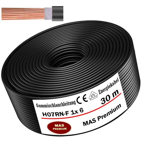 Gummischlauchleitung MAS Premium H07RN-F 1x6, 30 Meter, Energiekabel mit CE-Kennzeichnung und VDE-Prüfzeichen.