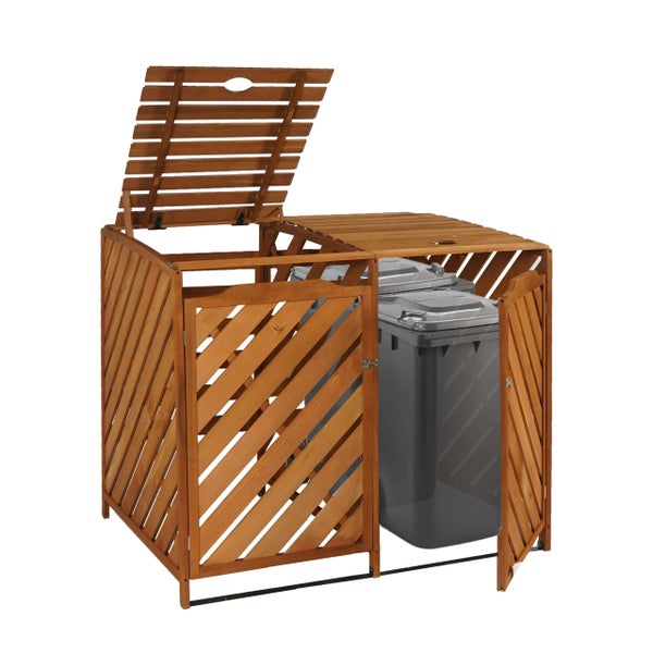 Holz Mülltonnenbox mit zwei Füllbehältern und geöffnetem Deckel