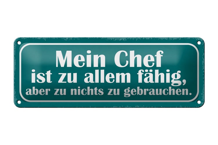 Blechschild Spruch 27x10cm mein Chef ist zu allem fähig Dekoration