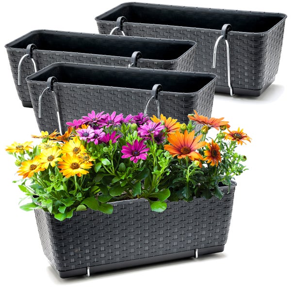 BigDean 4er Set Blumenkästen für Balkon-Geländer - Rattan-Optik - Anthrazit - Balkonkästen mit Metall-Halterung - 39 x 15,5 x 14 cm - inkl. Bewässerungssystem