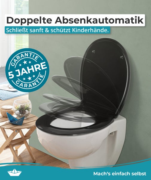 Calmwaters® WC Sitz einfache Montage, Premium Toilettendeckel bis 250 kg, Made in EU, antibakterieller Duroplast, doppelte Absenkautomatik, 2 Montage Optionen, abnehmbar, Klobrille, oval, Schwarz