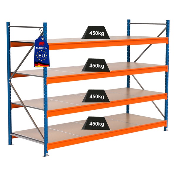 Lagerregal mit vier Ebenen und einer Traglast von 450 kg pro Ebene sowie dem Made in EU Siegel