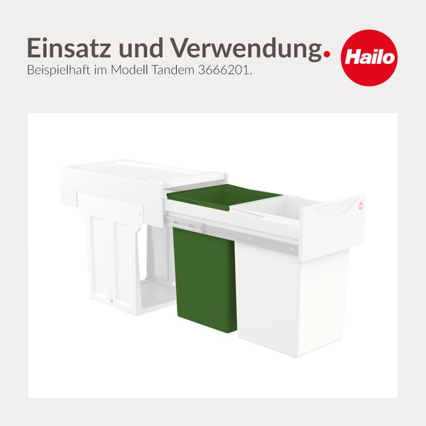 Ausziehbares Abfalltrennsystem mit zwei Eimern am Beispiel des Modells Tandem. Hailo Logo.