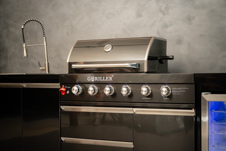 GORILLER® BLACKBACK M6 Outdoor-Küche, Gasgrill mit Doppel-Kühlschrank und Waschbecken, Edelstahl, Schwarz