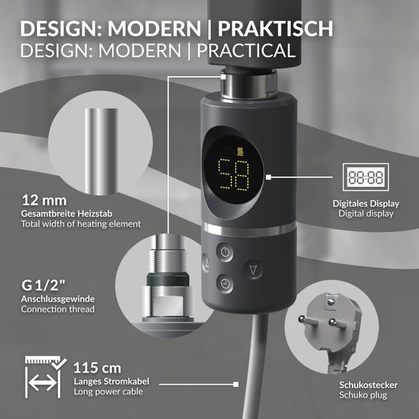 ML-Design Heizstab 600W Anthrazit mit Thermostat & LCD Bildschirm, Elektronischer Temperaturregler & Timing-Funktion, Heizpatrone Heizelemente für Badheizkörper Heizungen, Elektroheizstab mit Stecker
