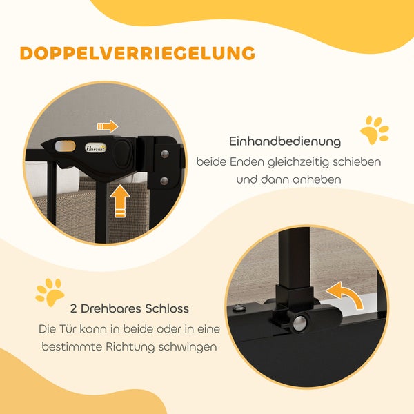 PawHut Türschutzgitter Hunde, Absperrgitter, 74-87 cm, Treppenschutzgitter für Haustier, Hundegitter inkl. Verlängerung, Schutzgitter ohne Bohren, Metall, Kunststoff, Schwarz
