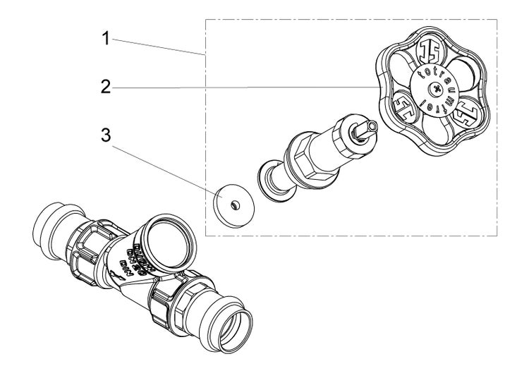 Explosionszeichnung eines Ventiloberteils mit Handrad und Dichtung für ein Ventilgehäuse der Nennweite 20.